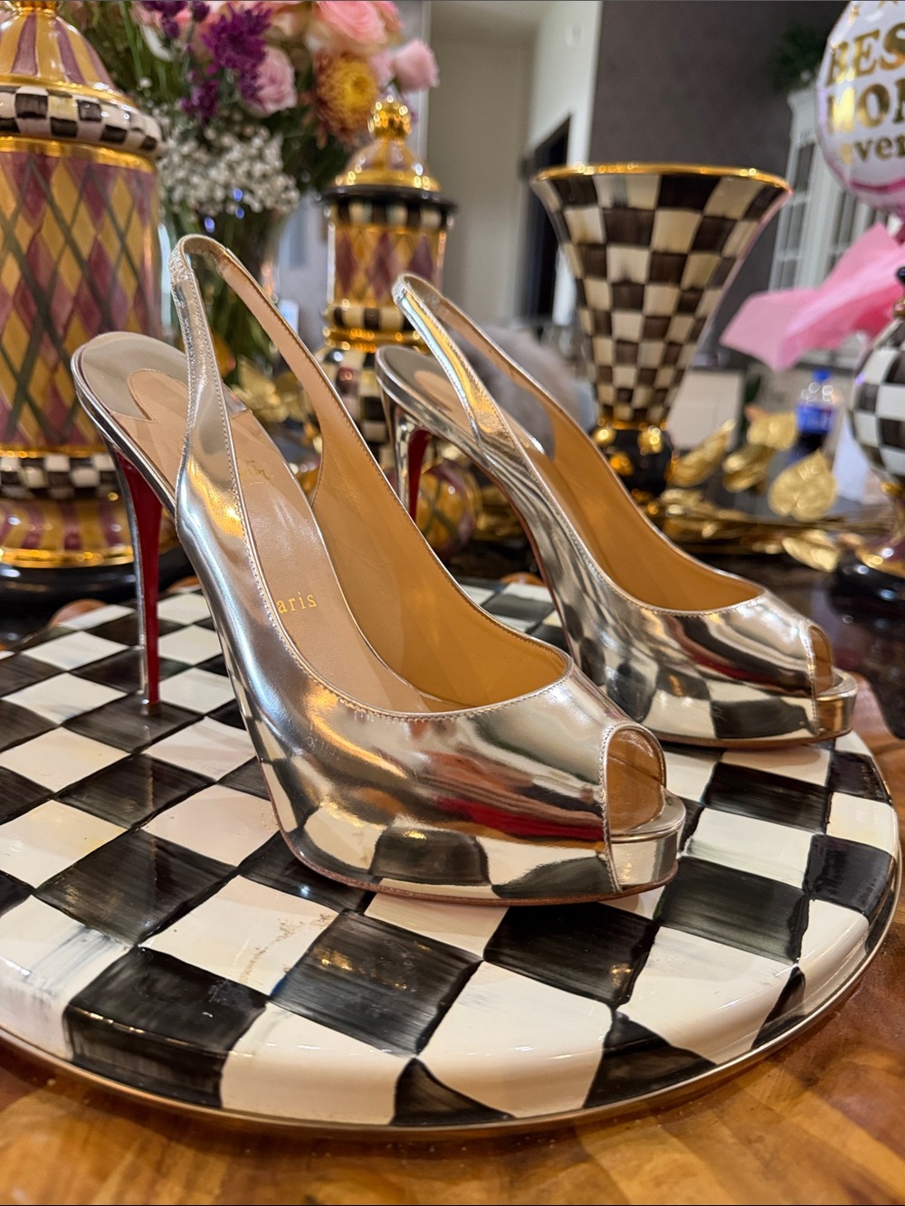 Christian Louboutin Silver Metallic Peep-Toe Slingback Heels